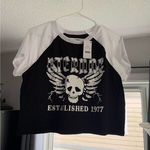Zoe + Liv Black and White Raglan Tee with Skull Graphic